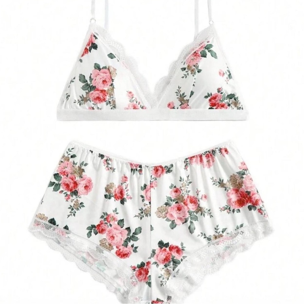 Floral Lace Trim Lingerie Set